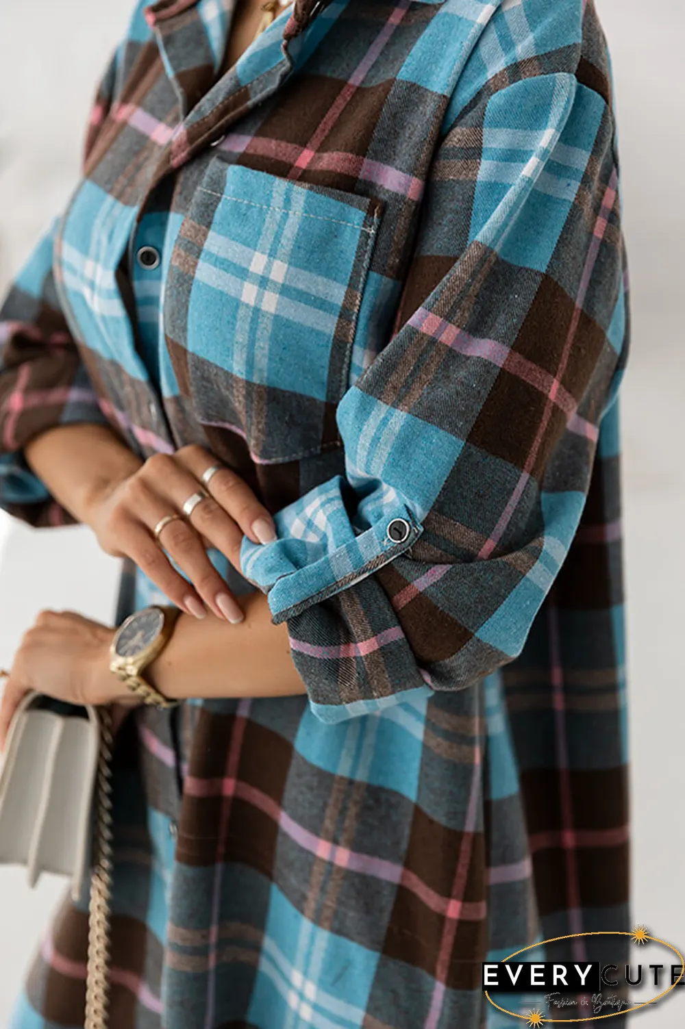 Casual Plaid Split Joint Buckle Turndown Collar Shirt Dress Dresses(4 colors)
