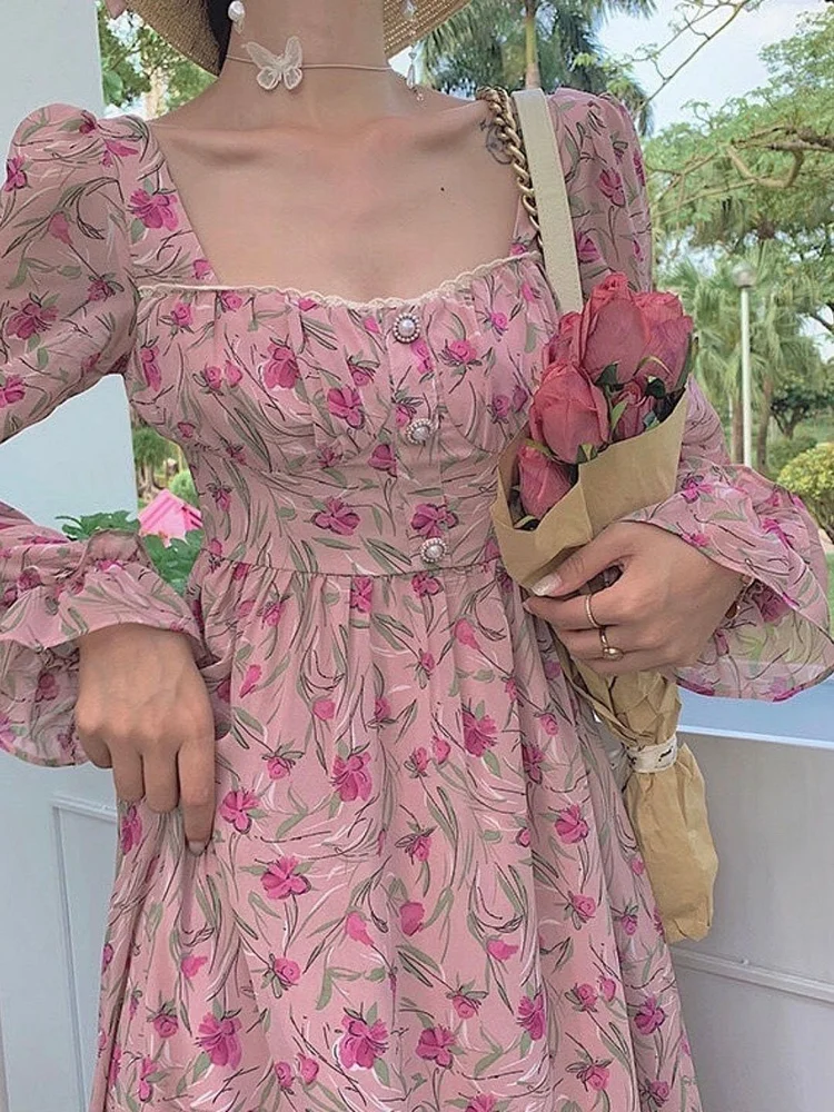 Rose Print Rectangular Collar Chiffon Dress