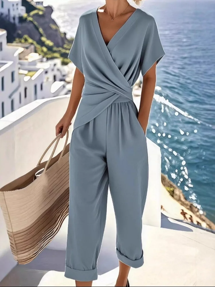 Full Size Surplice Short Sleeve Top and Pants Set Plus Size