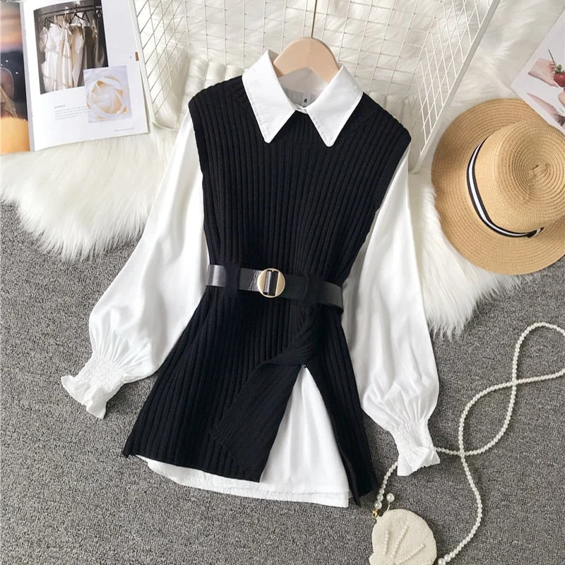 Tanguoant 2021 spring autumn women's lantern sleeve shirt knitted vest two piece sets of College style waistband vest two sets top UK900