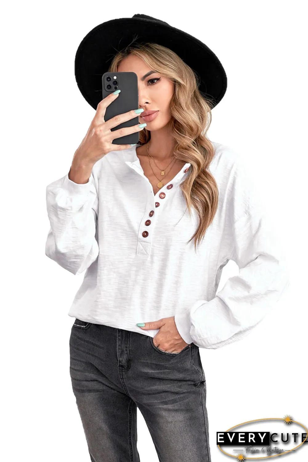 White Solid Color Buttoned Front Long Sleeve Top