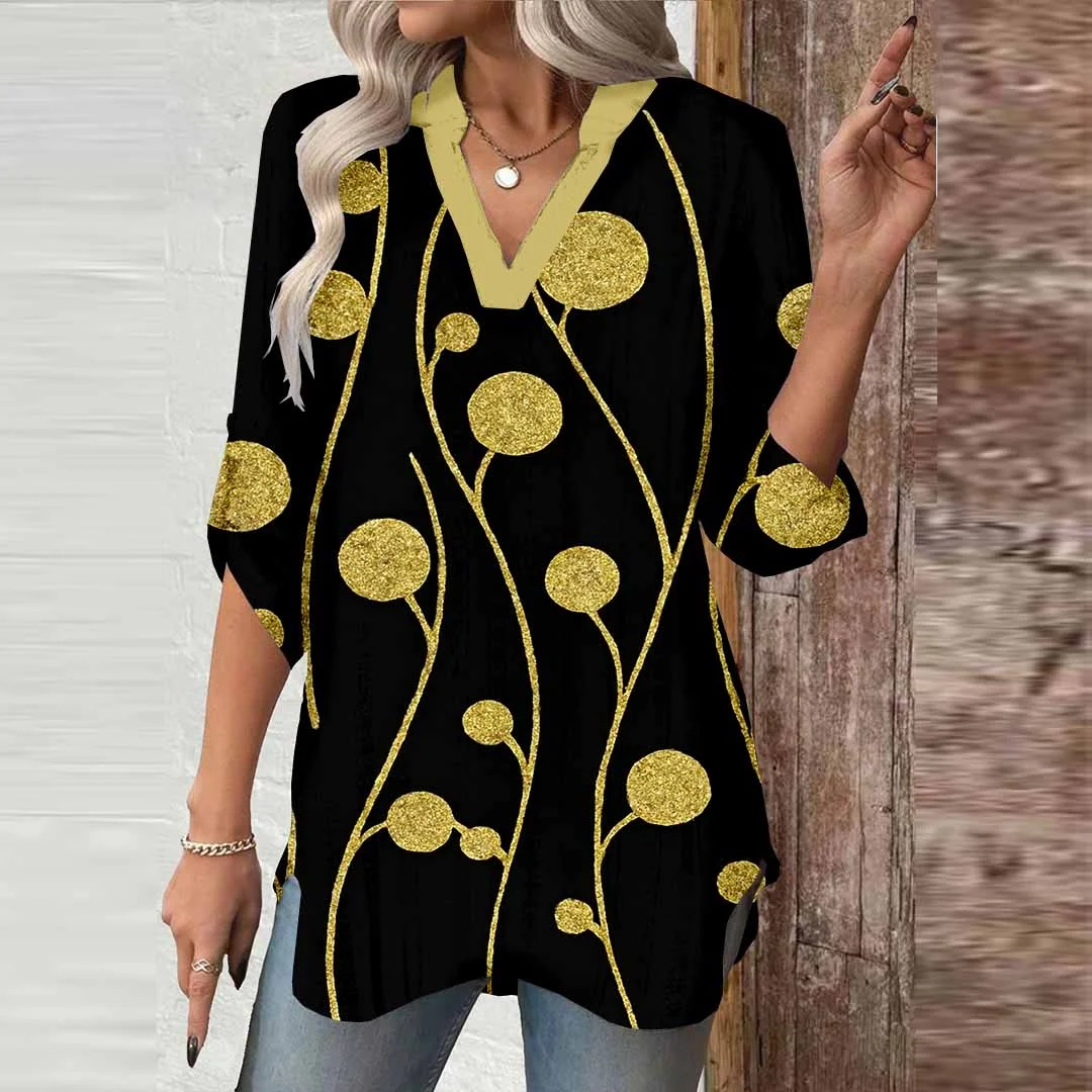 Women Geometry,Black DZGA0029 3/4 Sleeve V-neck Printed Graphic Button Tops