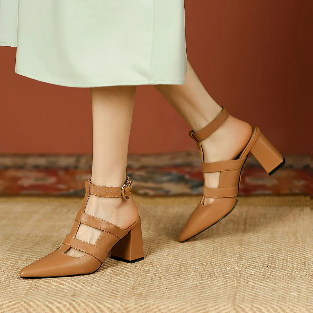 Tan Vegan Leather Pointed Toe T-Strap Chunky Heeled Sandals
