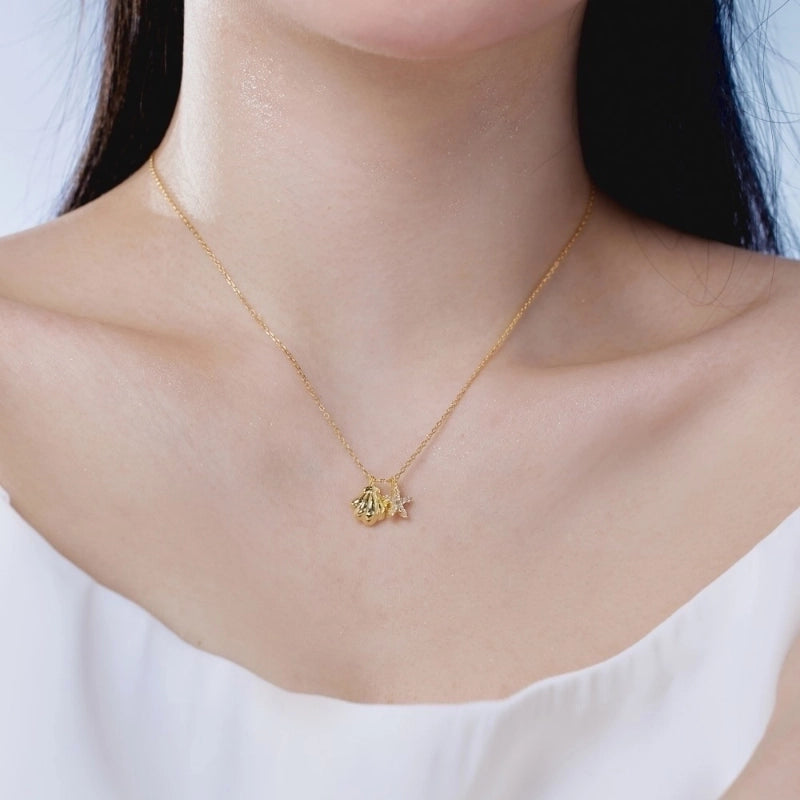 925 Sterling Silver Zircon Plating Inlay Scallop Starfish Pendant Necklace