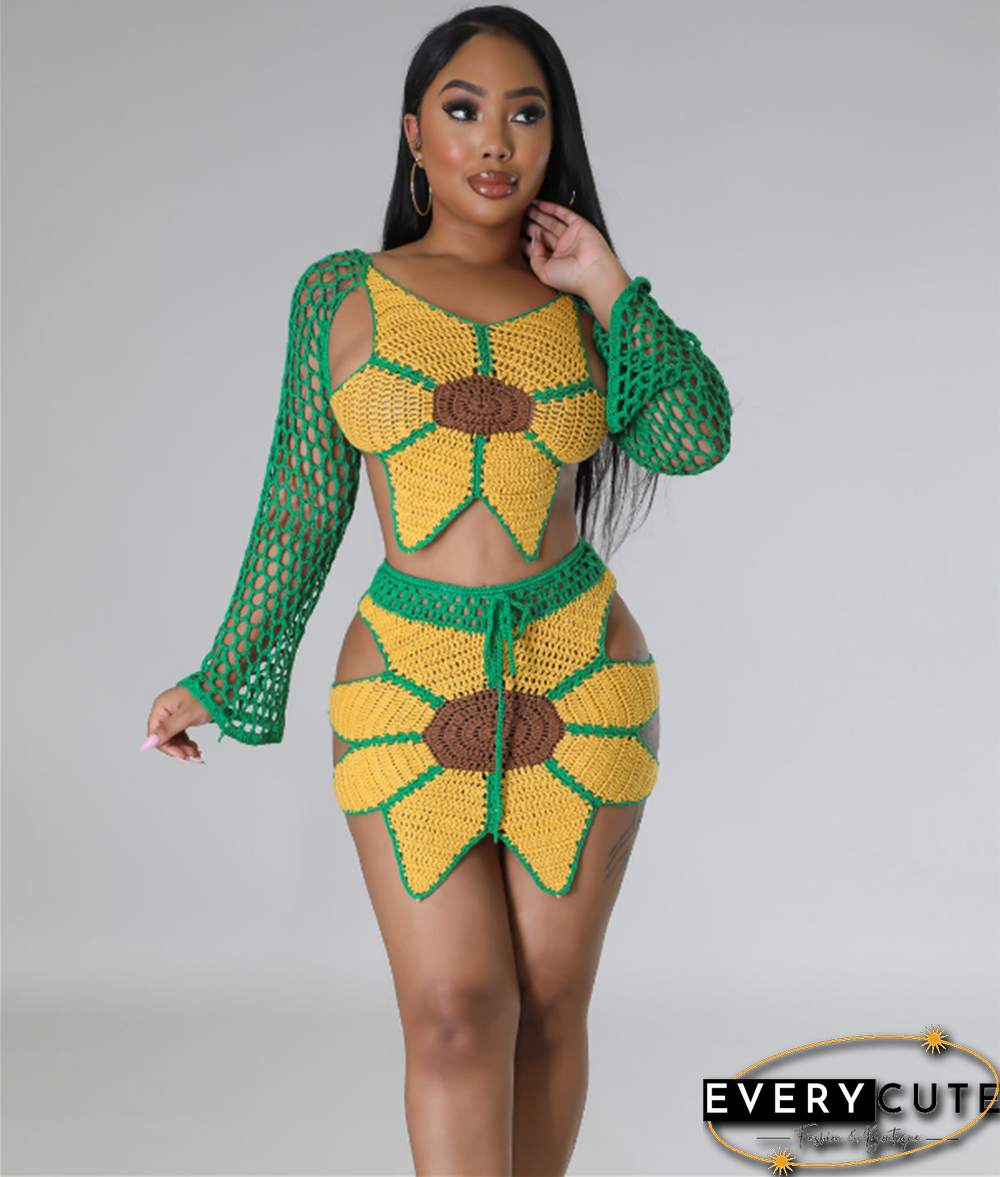 Hand-crochet Sunflowers Beachwear Cover Up 2 Piece Sets