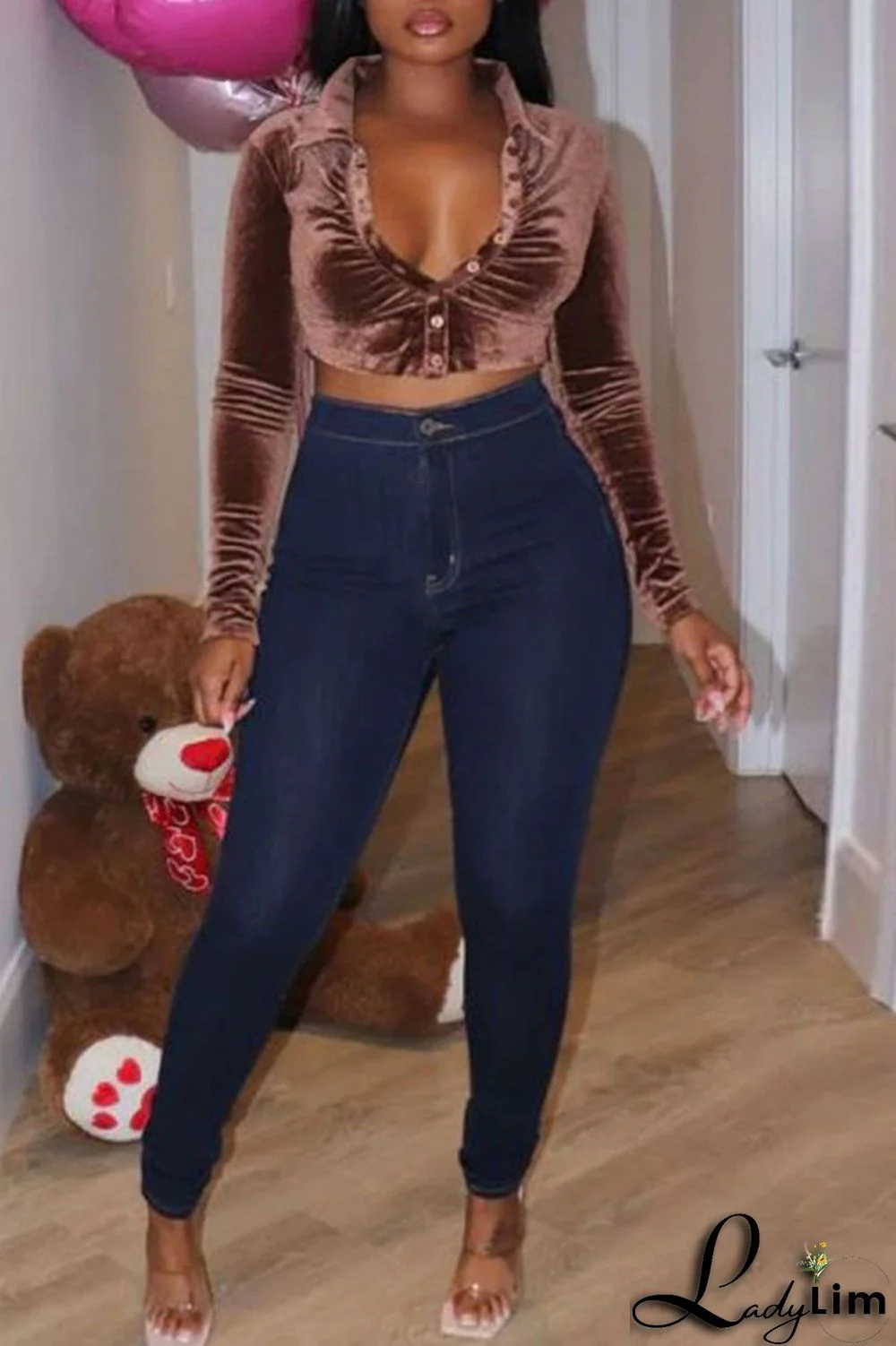 Coffee Sexy Solid Patchwork Buckle Turndown Collar Tops