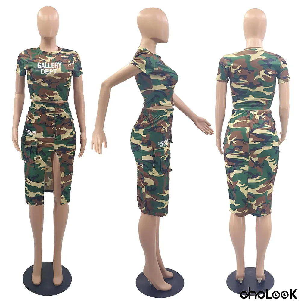 Women's Street Trend Camouflage Floral Slit Bodycon Mini Skirt Short Sleeve Set