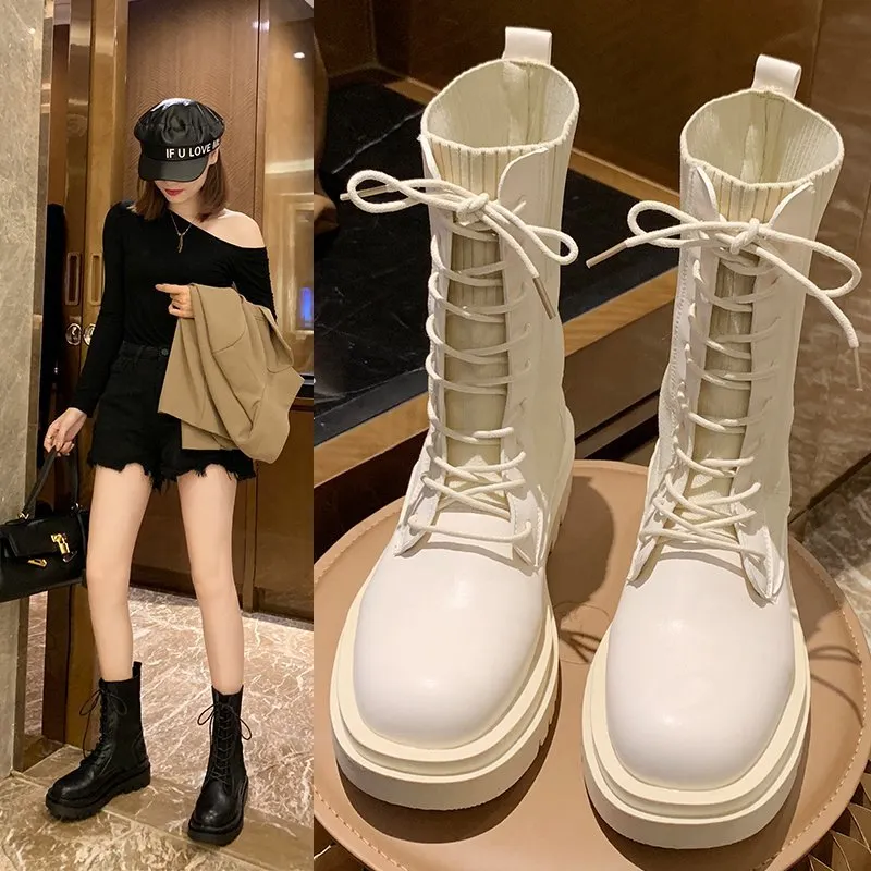 Ankle Boots For Women 2021 Spring Motorcycle Boots Thick Heel Platform Shoes Woman Slip On Round Toe Fashion Boots