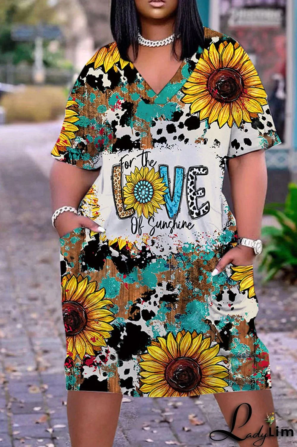 Light Brown Casual Work Print Patchwork V Neck Straight Dresses