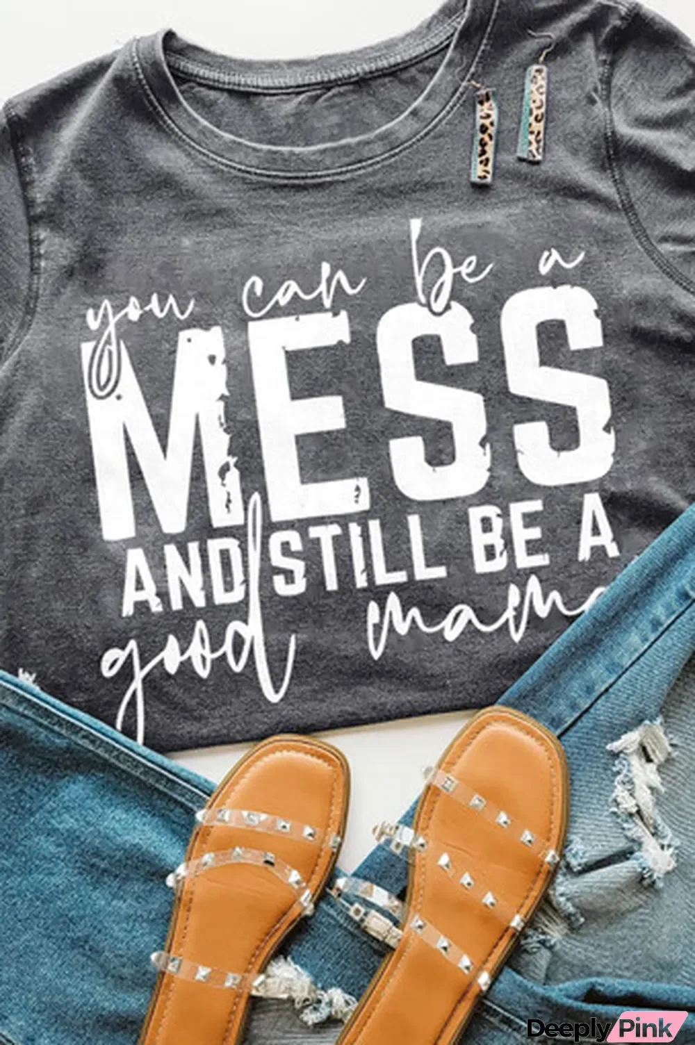 Gray MESS Letter Print Short Sleeve Graphic Tee