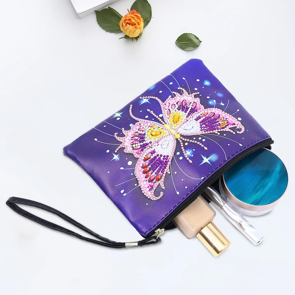 DIY Butterfly Diamond Art Cosmetic Bag Flowers Single Sided PU Women Clutch