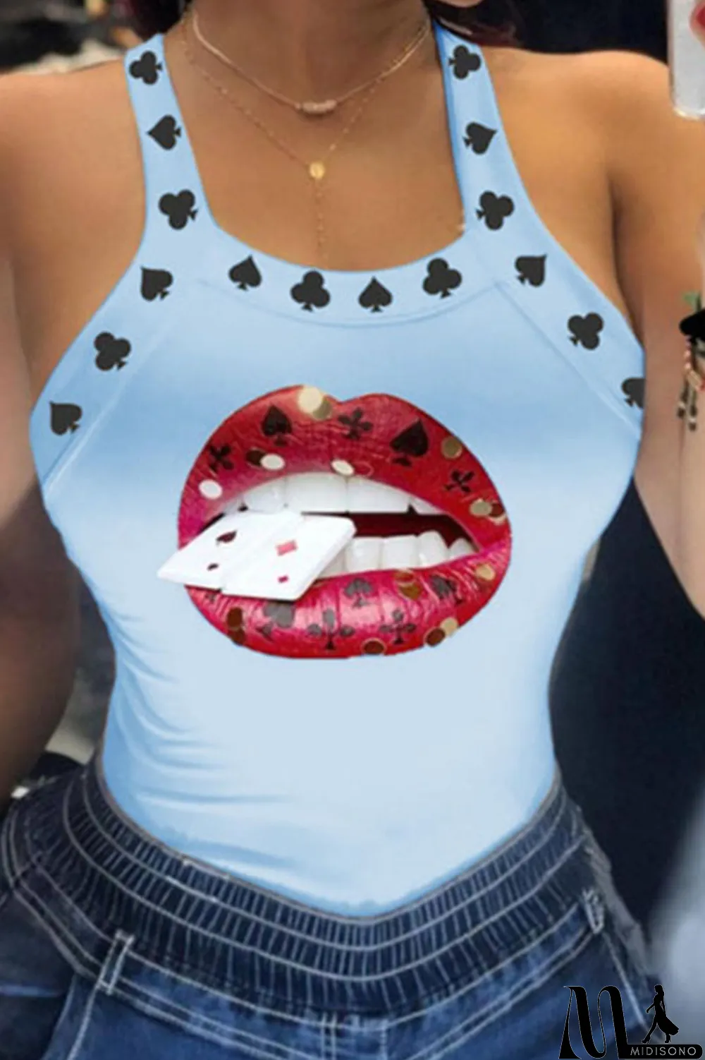 MidiSono - Red Sexy Print Patchwork U Neck Tops