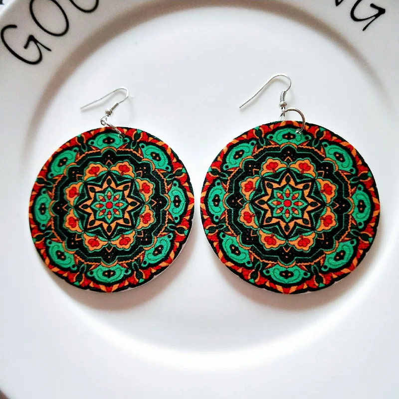 Retro Floral Printed Circle Earrings
