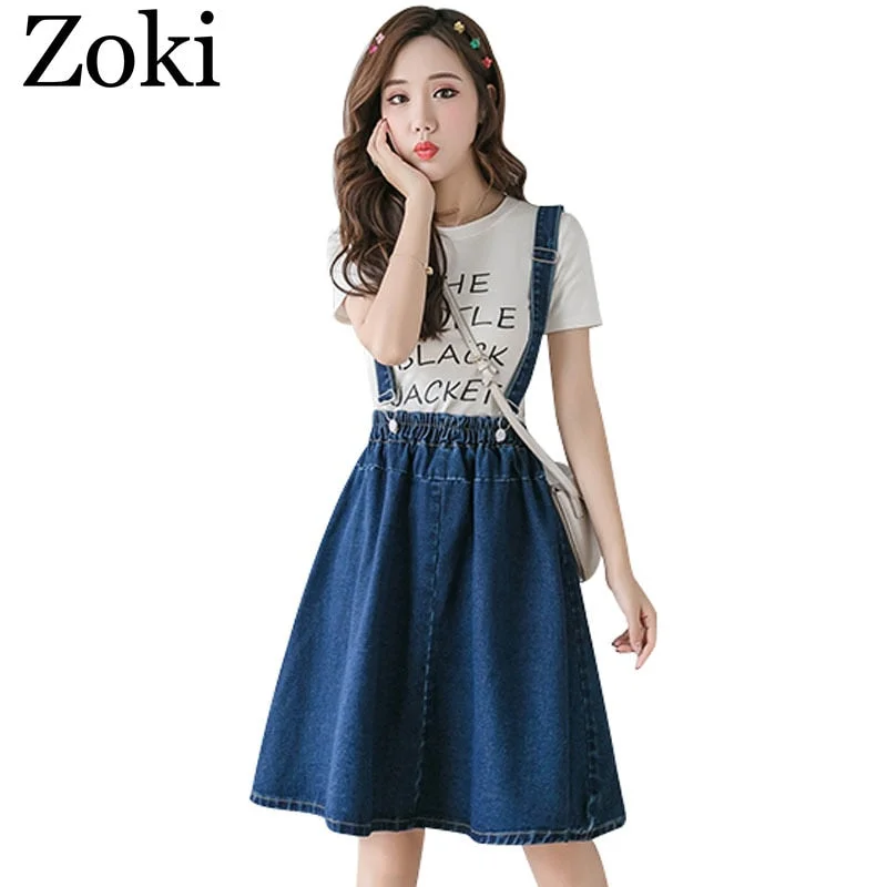 Zoki Plus Size S-4XL Women Denim Strap Skirt Elegant Summer Korean Elastic High Waist A-line Midi Skirt Jeans Faldas Mujer Moda