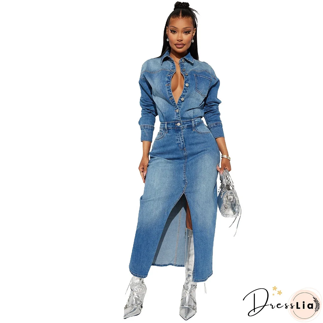 Women's Wear Long Sleeve Denim Trench Cloak Dresses