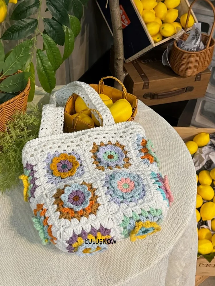 Lulusnow Handmade White 3D Flower Crochet Hand Bag
