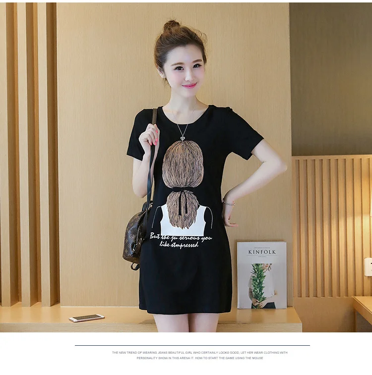 Uveng Uveng Summer New Women's Korean Dress Print Women's Medium Long Short-Sleeved T-Shirt Girl Top Bottom