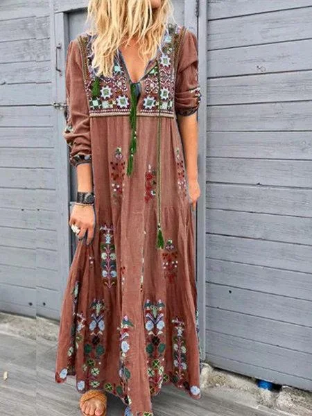 Boho printing long Sleeve Dress