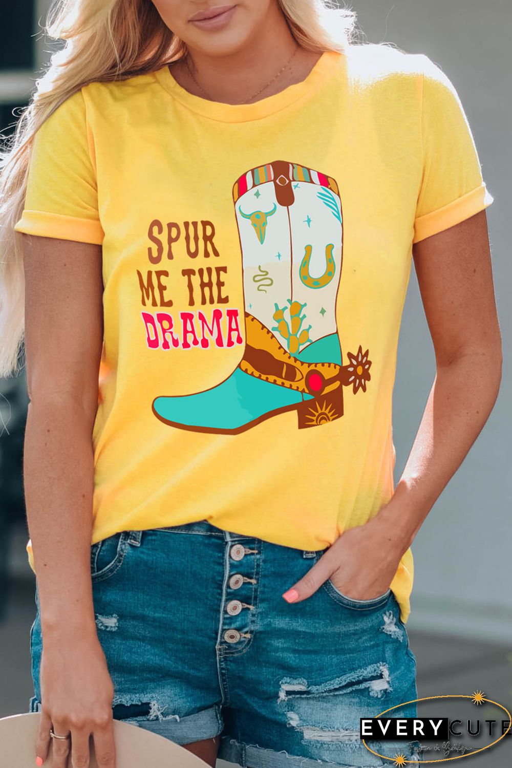 Yellow Western Boots Letter Graphic Printed Crew Neck T Shirt