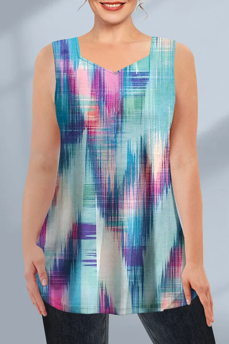 Flycurvy Plus Size Casual Blue Colorblock Patchwork Texture Print Tank Top  Flycurvy [product_label]