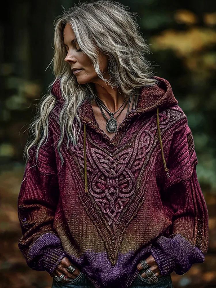 Women's Viking Celtic Knot Art Knitted Warm Hooded Sweater