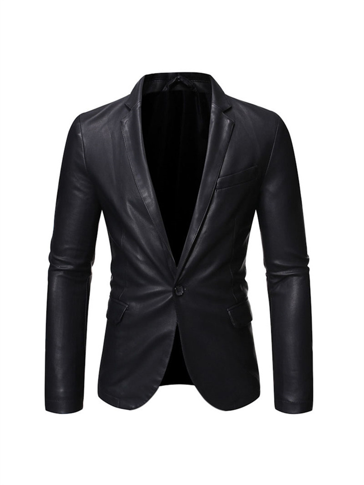 Men's Solid Color Leather Jacket Suit Youth Handsome Leather Suit Fashion Slim Casual Lapel Single Button Jacket Cardigan