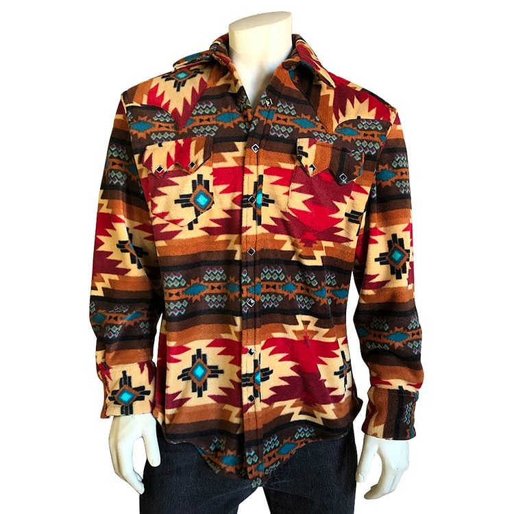 Men's Native Pattern Fleece Western Shirt in Brown & Red