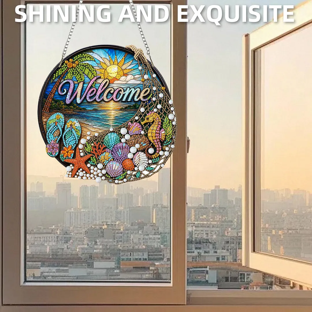 Beach Seahorse Welcome Sign 2D Flat DIY PET Diamond Painting Pendant Special Shape Hanging Gem Art Paintings Charm Single Side Drill for Adults Home Wall Window Decor