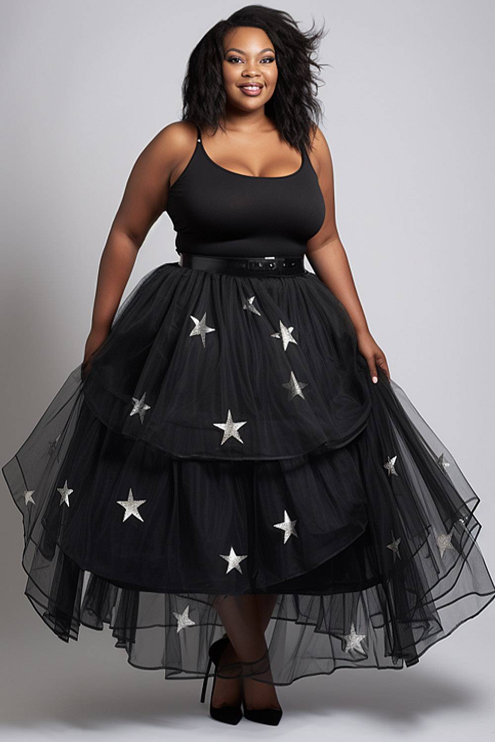 Design Plus Size Vacation Elegant Black Star Print Tulle Skirts [Pre-Order]