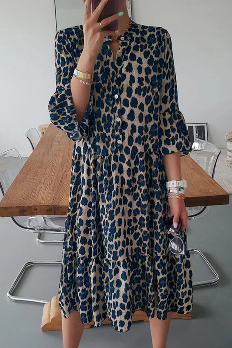 Fashion Elegant Leopard Split Joint O Neck A Line Dresses