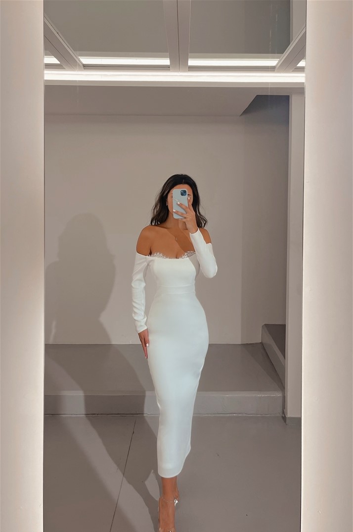 Charming Off the Shoulder White Satin Long Sleeves Slim Prom Dress with Lace | MS0628 