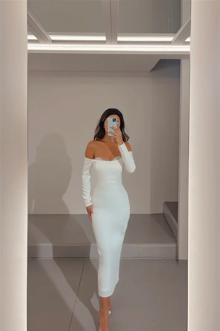 Miabel Charming White Satin Long Sleeves Off the Shoulder Slim Prom Dress with Lace 