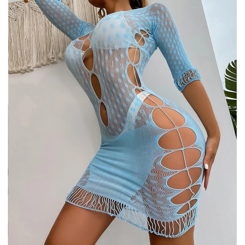 Lingerie Fishent Bodycon Dress Long Sleeves Underwear Perspective Mash Cover Up Nightdress Lenceria DS058 Digits