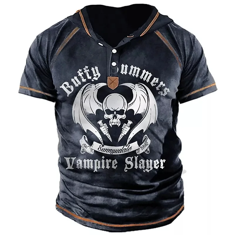 Men's 3D Print Graphic Prints Skull Hooded Button-Down Short Sleeve T-Shirt