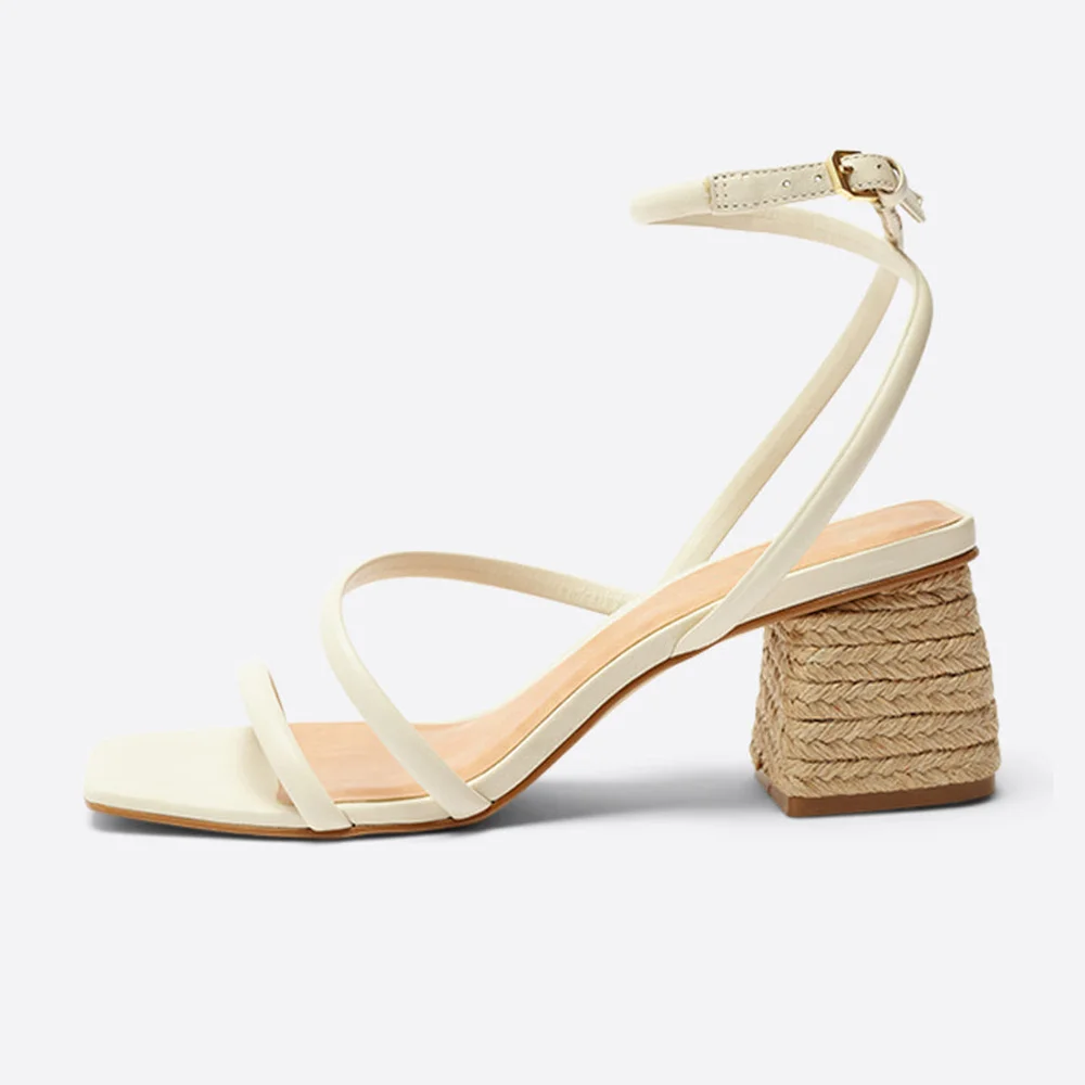 Ivory Block Heel Square Toe Ankle Strap Espadrille Sandals with Buckle