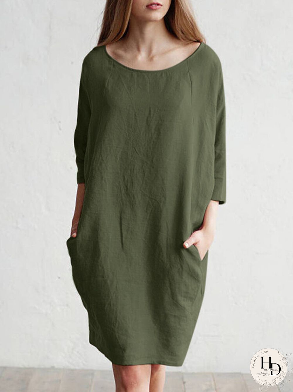 Solid Color 3\/4 Sleeve O-neck Pocket Cotton Dress