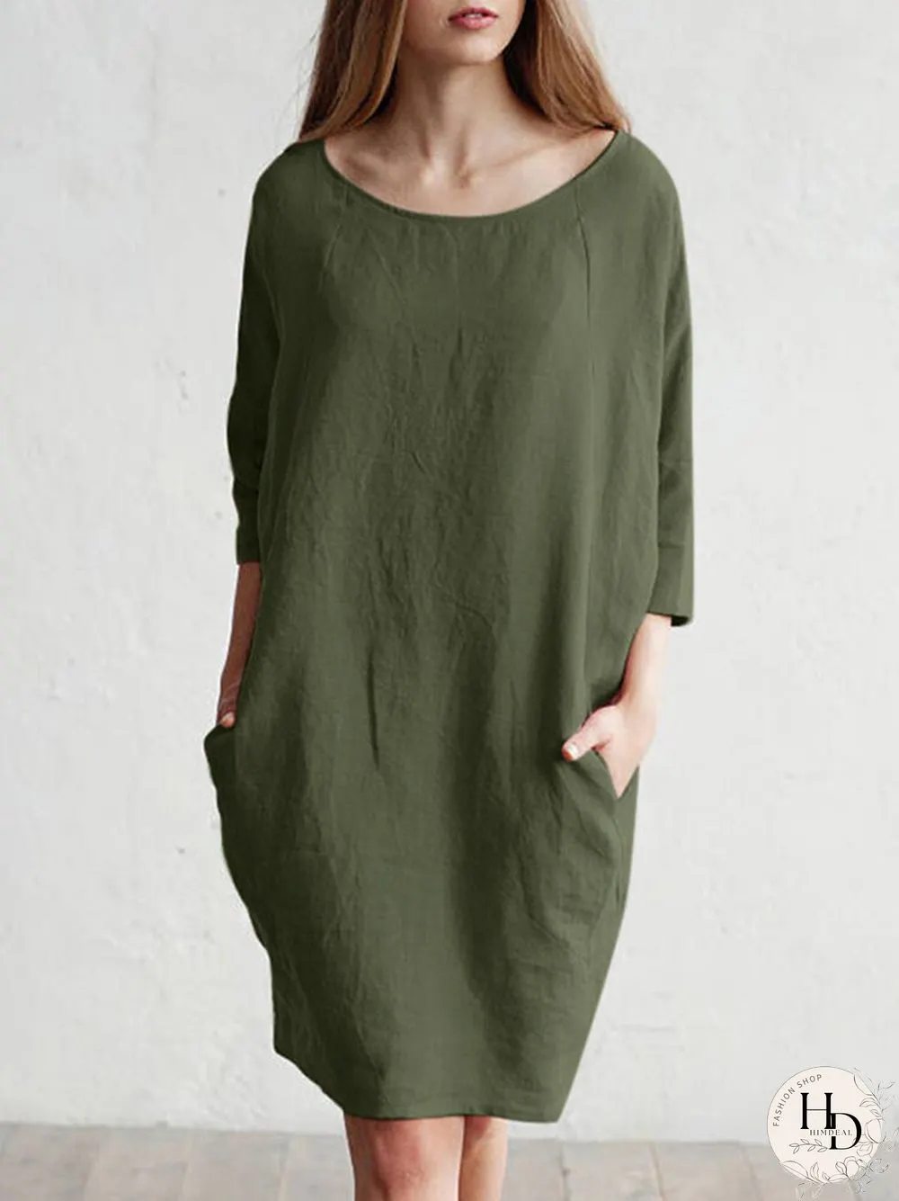 Solid Color 3\/4 Sleeve O-neck Pocket Cotton Dress