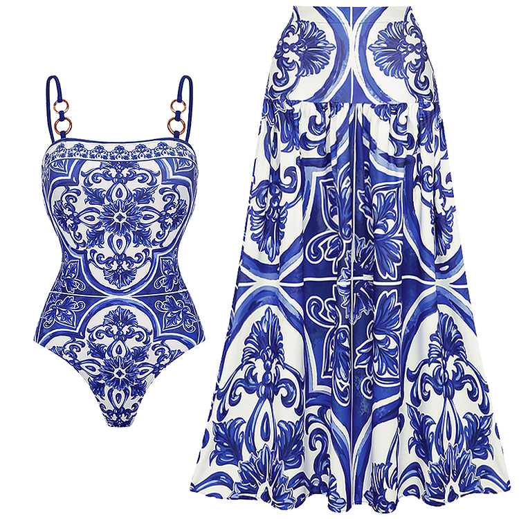Sling Classic Majolica Series Pattern Print One Piece Swimsuit and Skirt or Shorts