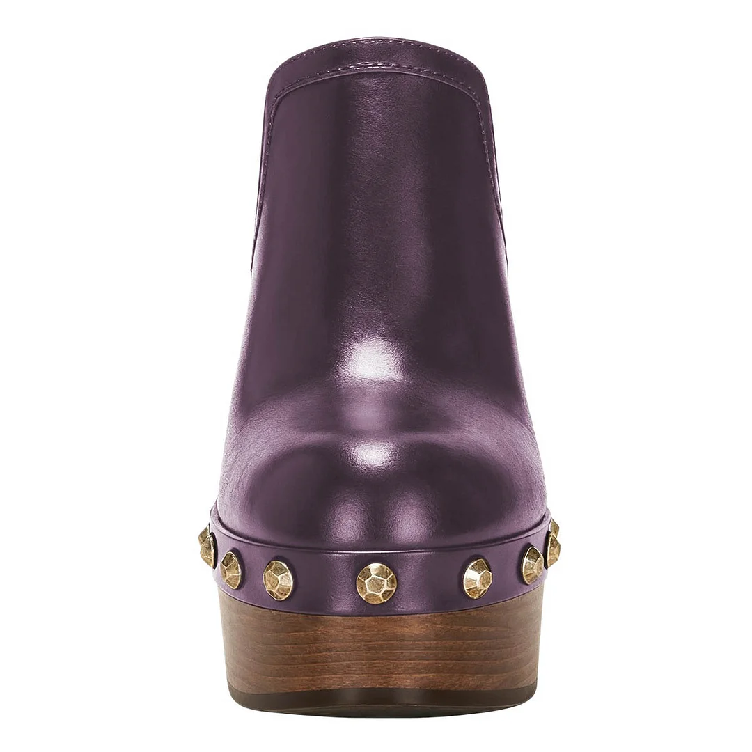 Purple Closed Toe Casual Chunky High Heel Studded Platform Mules