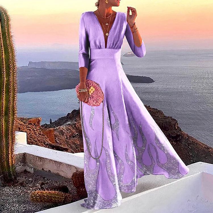 Vefave Fashion Flame Print Long Sleeve Maxi Dress