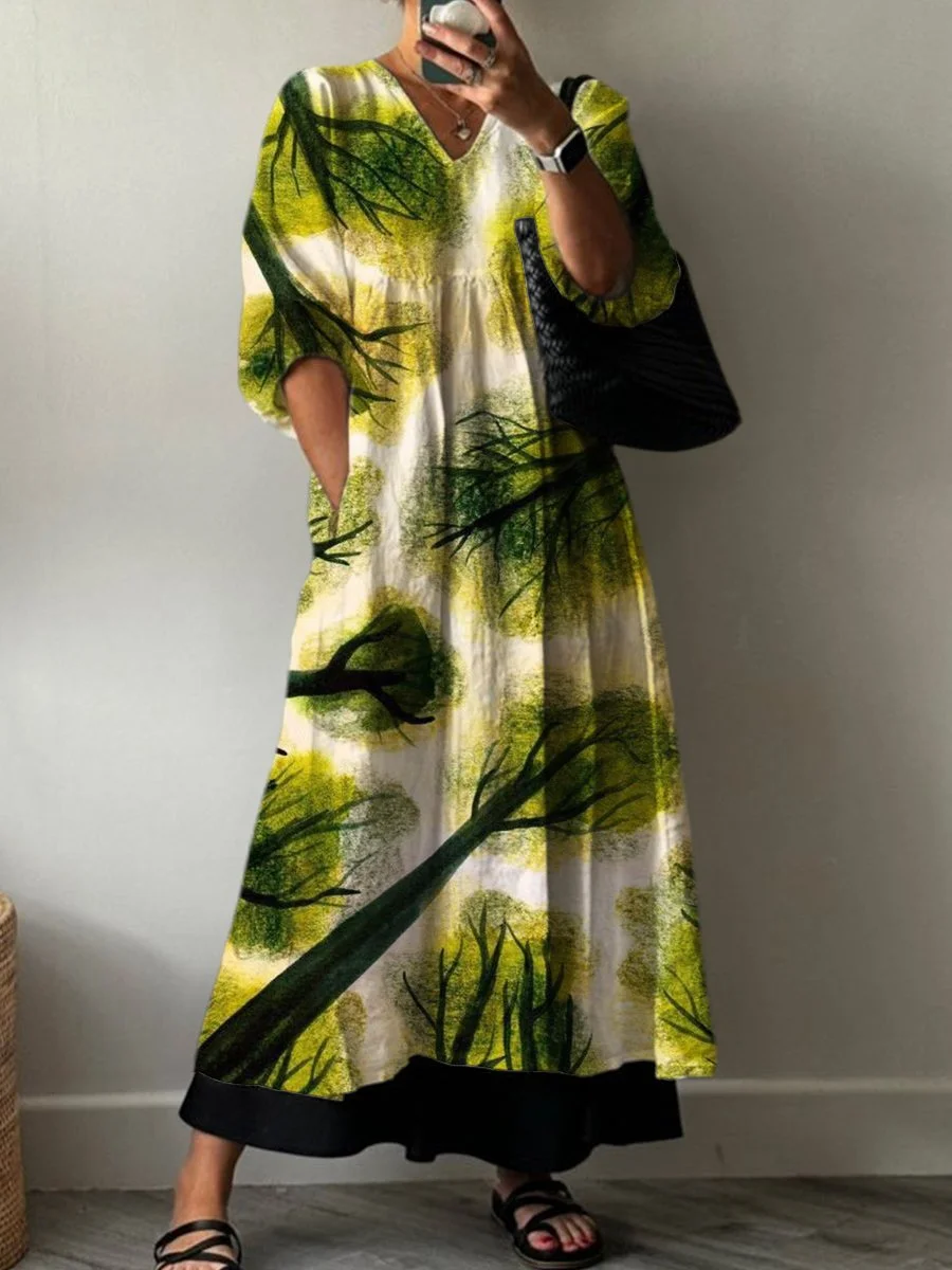 Floral Art Print Pocket V-neck Cotton Dress