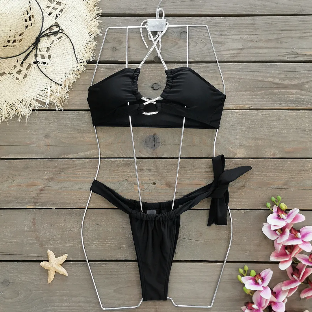 Uveng Solid Color With Diamond Chain Solid Color Split Swimsuit Women 2025 New Two-Wear Bikini