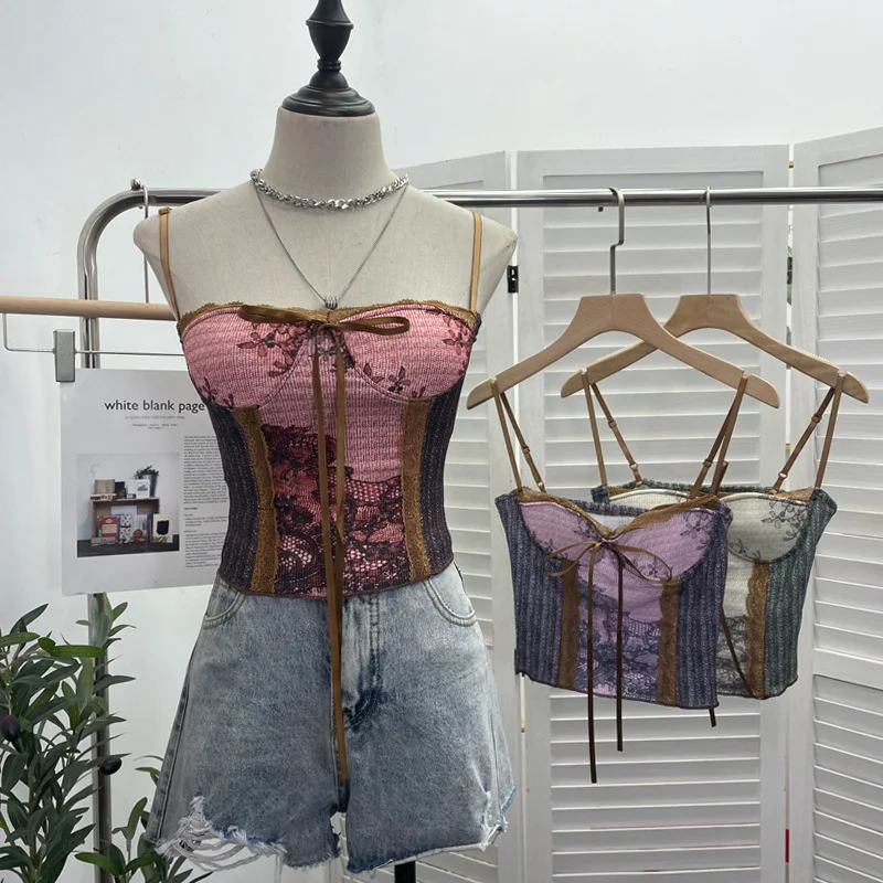 Uveng Vintage Ink Painting Niche Hottie Sling Vest With Chest Cushion Short Tie Tector-Meared Blouse Woman 8821