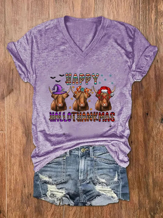 Women's Happy Hallothanksmas Funny Cows Print V-Neck T-Shirt