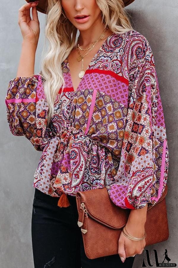 MidiSono - Patchwork Printed Drawstring Blouse