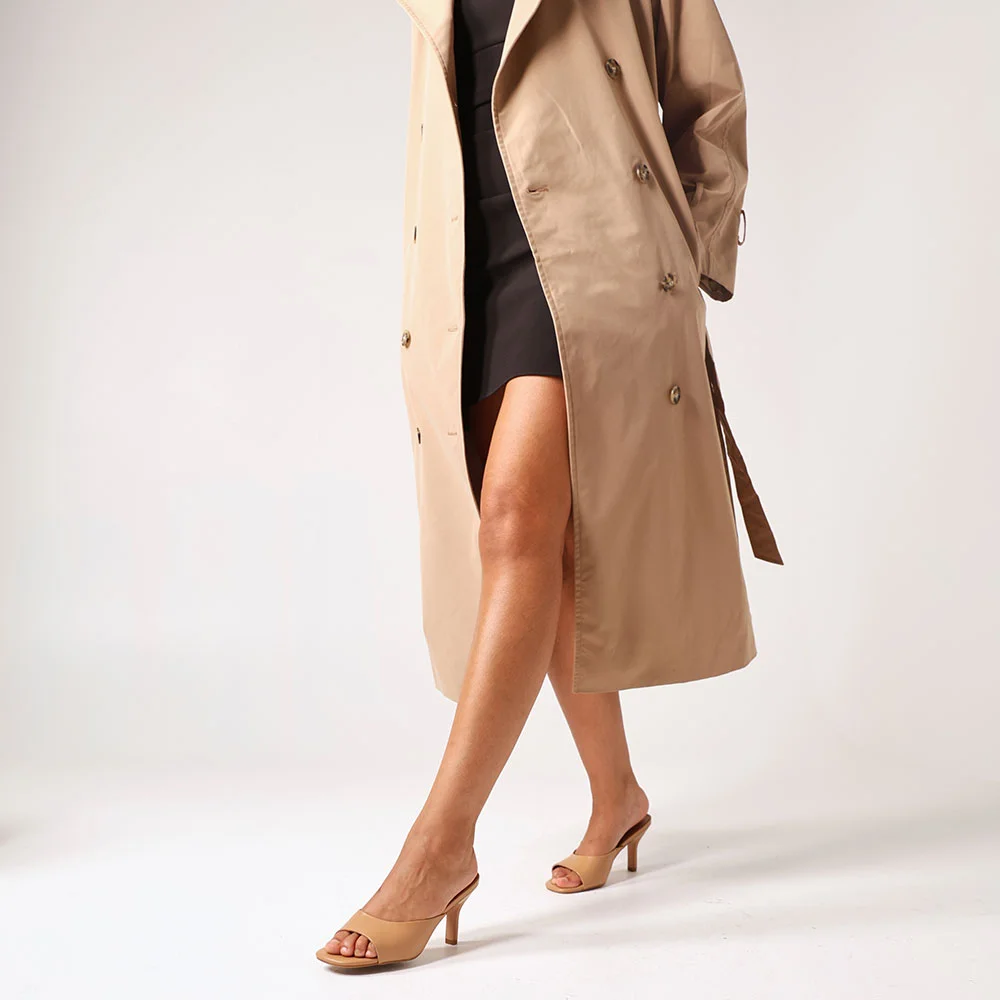 Tan Open Square Toe Chunky Heel Simple Slide Shoes for Women