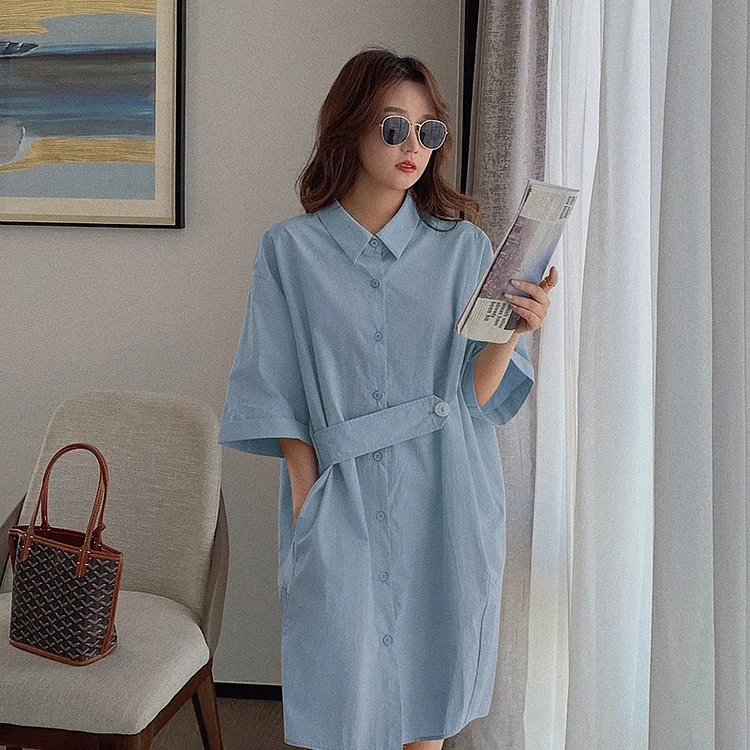 Casual Solid Color Polo Neck Shirt Dress