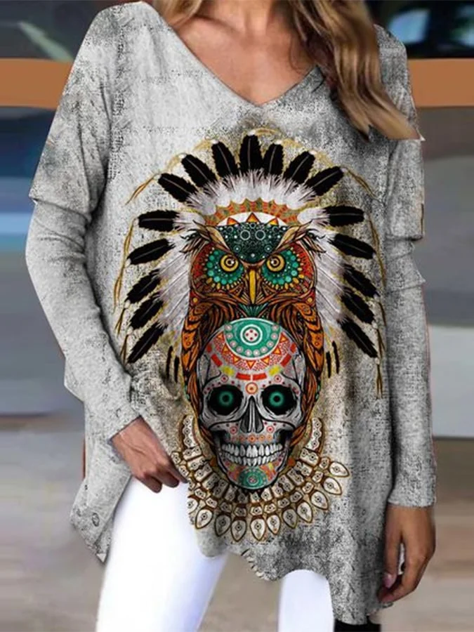 Cotton Western Skull And Feather Print Top