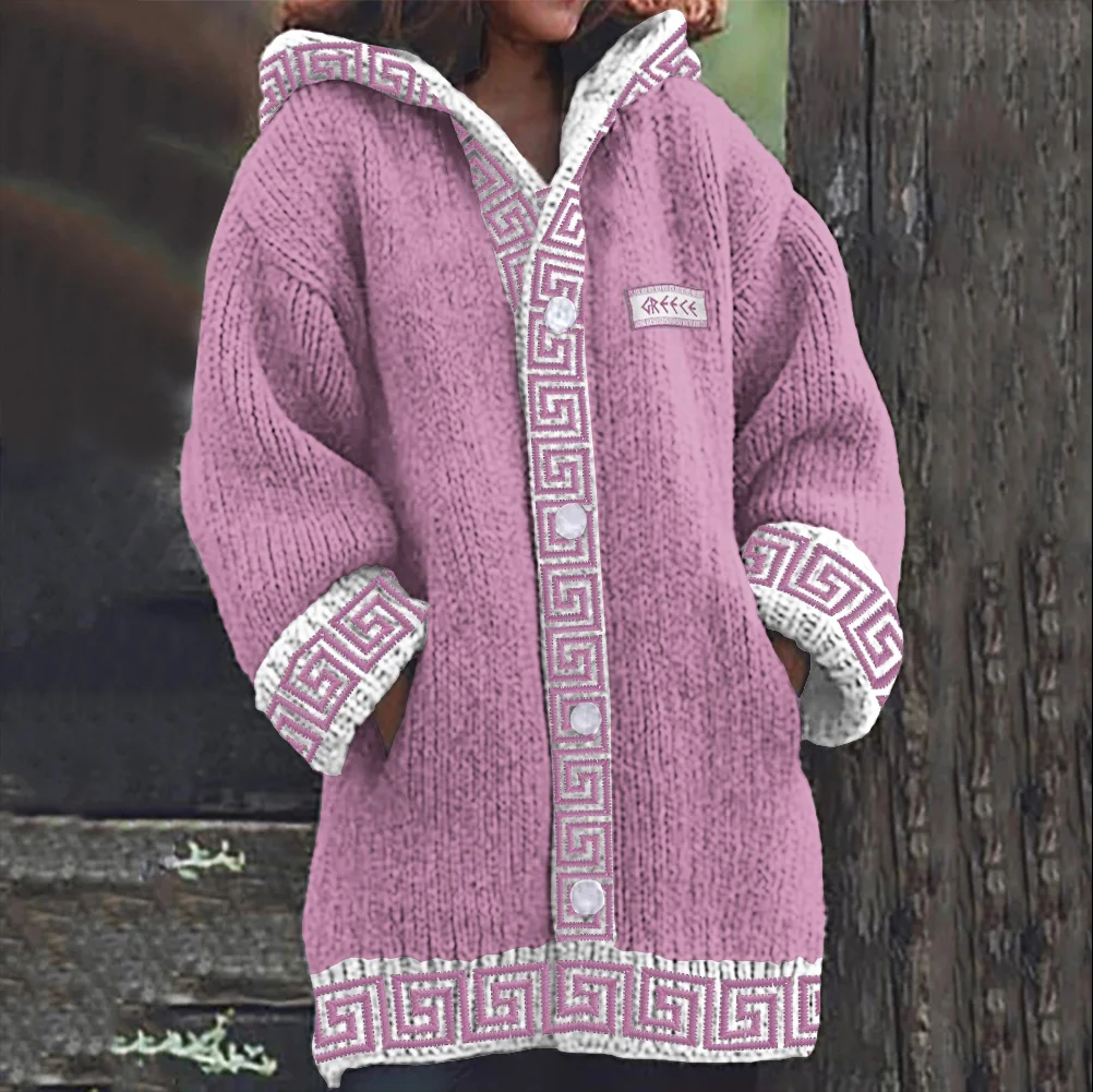 Greek Key Pattern Cozy Knit Hooded Cardigan