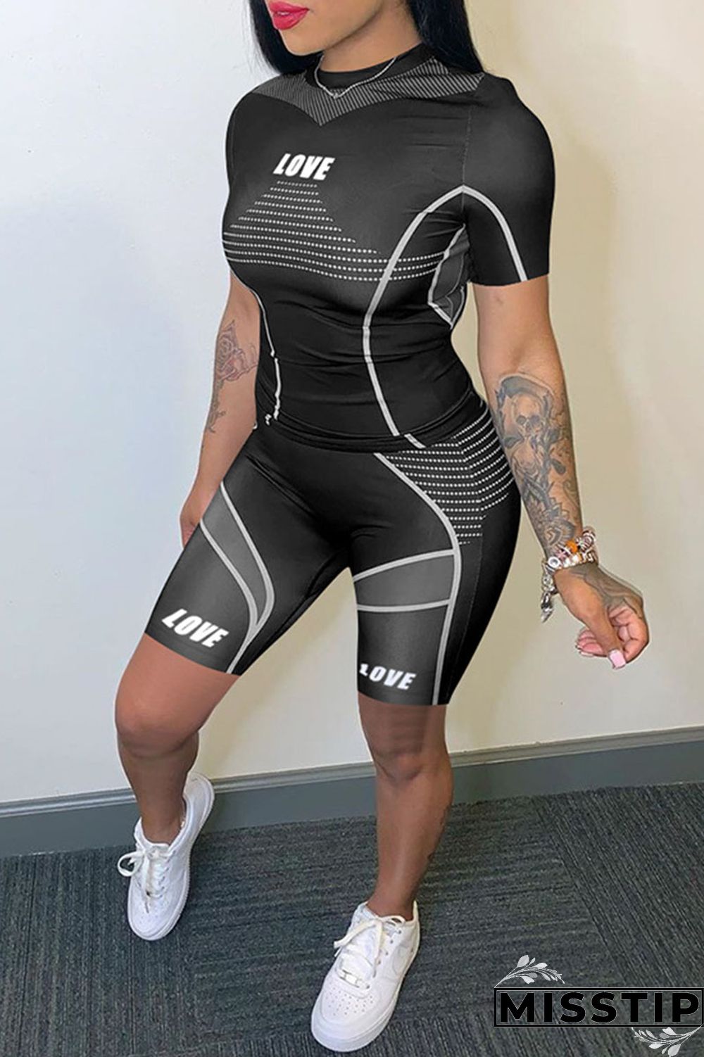 Black Casual Sportswear Print Patchwork O Neck Short Sleeve Two Pieces